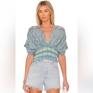 NEW Free People Next Vacation Top Mint Combo Size Large Boho Chic Ruched Waist